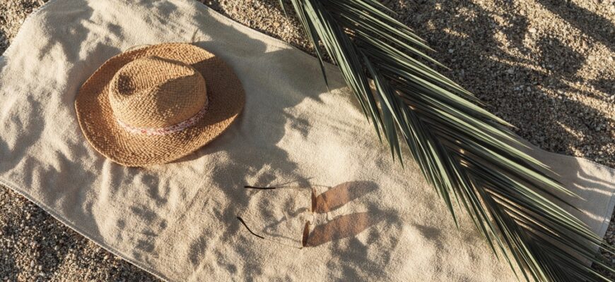 Straw,Hat,,Sunglasses,,Towel,,On,Beach,Sand,Background.,Aesthetic,Lifestyle,